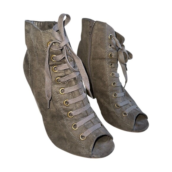 Womens 8 Peep Toe Lace Up Booties Chunky Heel Gray Suede Ankle Boots y2k chugey - Picture 11 of 15